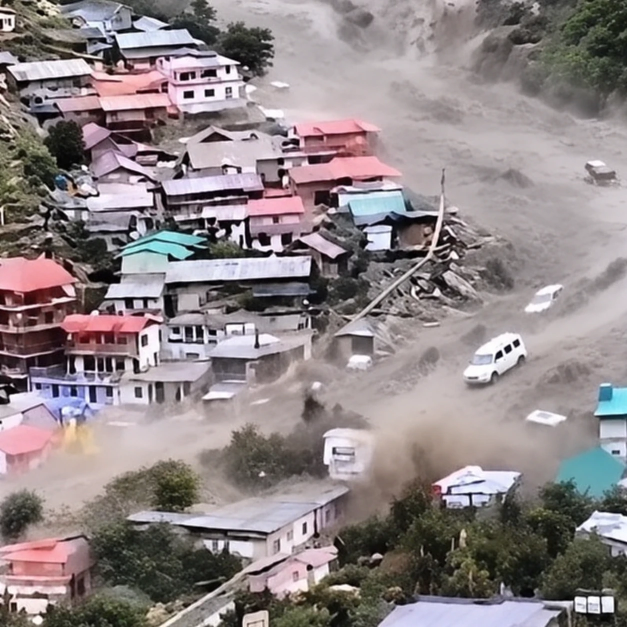 Floodwater and mud sweeping through a hillside town in Nepal, engulfing vehicles and buildings